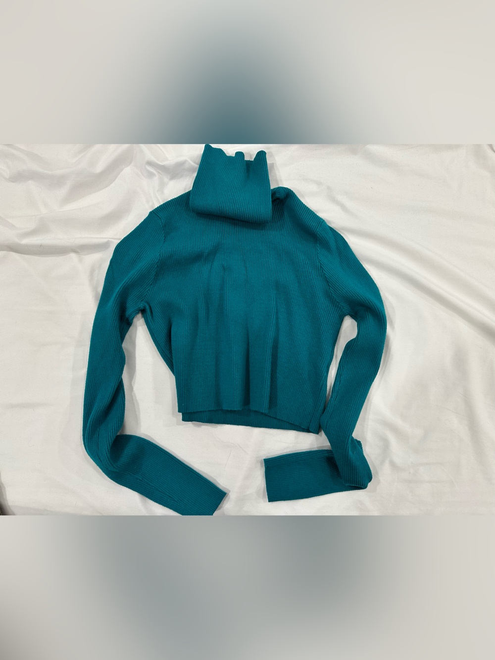 Teal Ribbed Cropped Turtleneck Sweater - Women